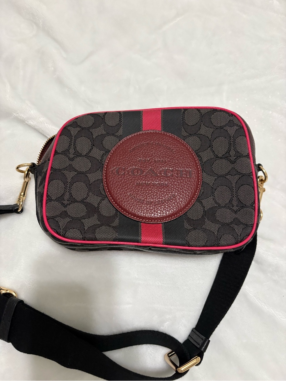 Coach Brown Signature Canvas Crossbody with Pink Trim